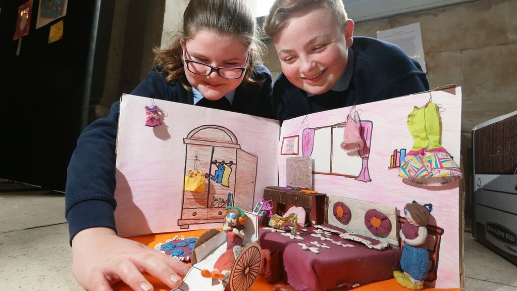 Megan Conneely and Cian Colgan from The Downs National School, Mullingar were part of a group entry of fifth and sixth class pupils announced as overall winner of the ‘Someone Like Me’ national art competition. Photograph: Finbarr O’Rourke