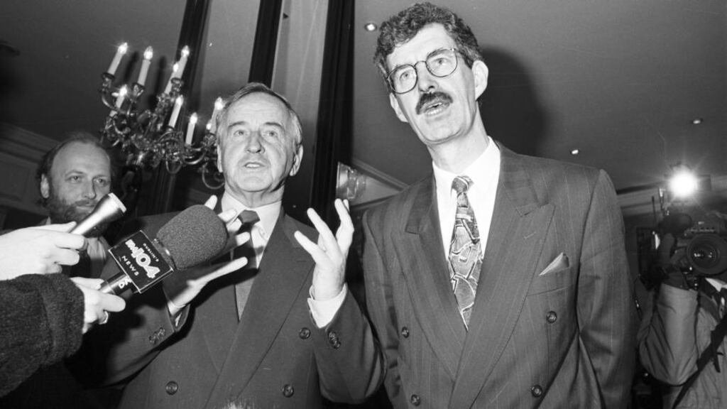 The former taoiseach, Albert Reynolds and former Labour Leader, Dick Spring, face the press in 1992. Photograph: Paul Goulding/The Irish Times