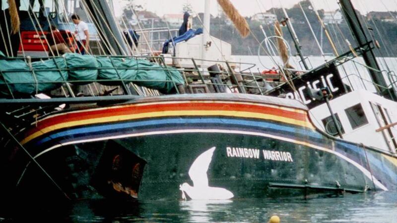 The Rainbow Warrior: the  Greenpeace ship in Auckland harbour after French agents blew it up in1985. Photograph:  Reuters