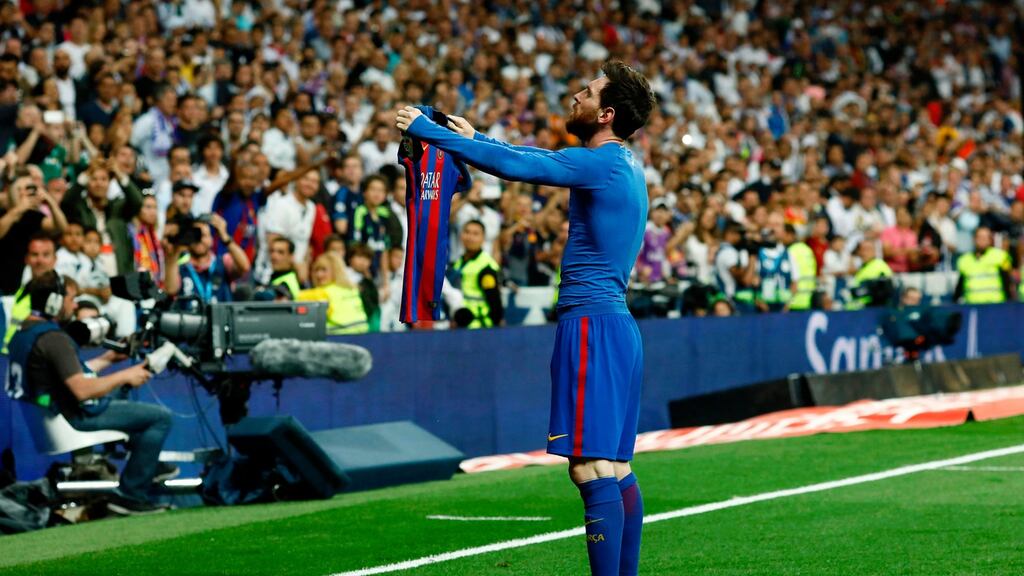 Barcelona’s Lionel Messi celebrates after scoring the winner to beat Real Madrid at the Bernabeu. Photo: Oscar del Pozo/Getty Images
