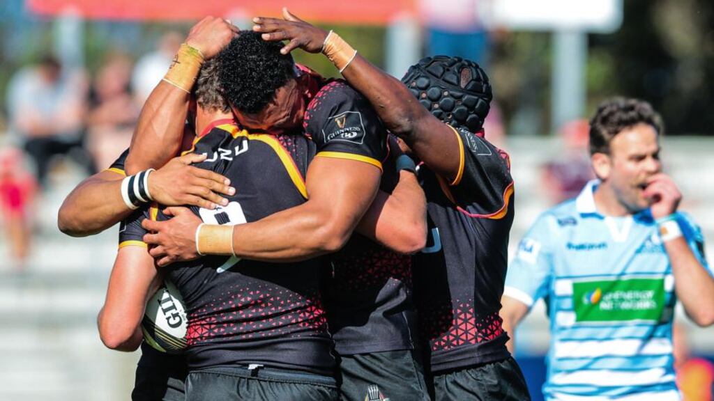 The Southern Kings celebrate Rudi van Rooyen’s try in their victory over the Glasgow Warriors. Photograph: Richard Huggard/Inpho