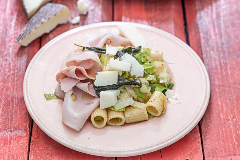 Bucatini, leeks, mortadella and pecorino Romano