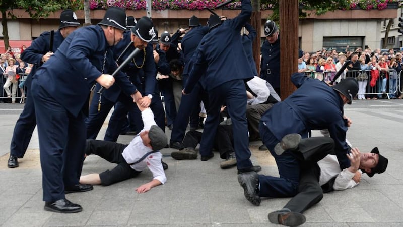 Re-enactment of a 1913 Lockout baton charge. Photographs: Dara Mac Dónaill