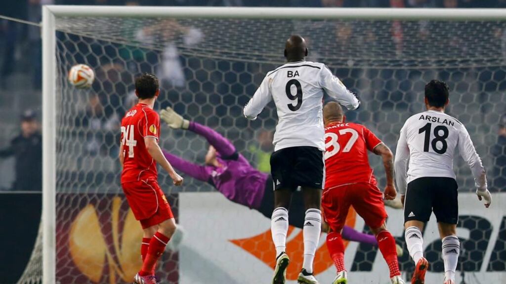 Tolgay Arslan scores for Besiktas in the Europa League second leg match against Liverpool at the Ataturk Stadium in Istanbul. Photograph: Murad Sezer/Reuters