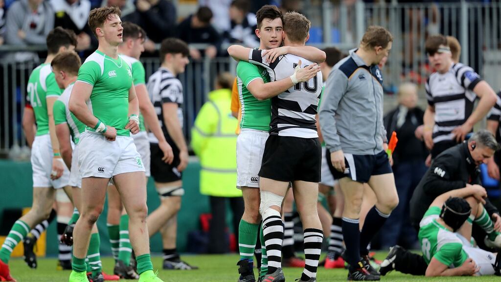 Gonzaga’s Michael O’Kennedy with Conor Kelly of Roscrea after the game. Photograph: Dan Sheridan/Inpho