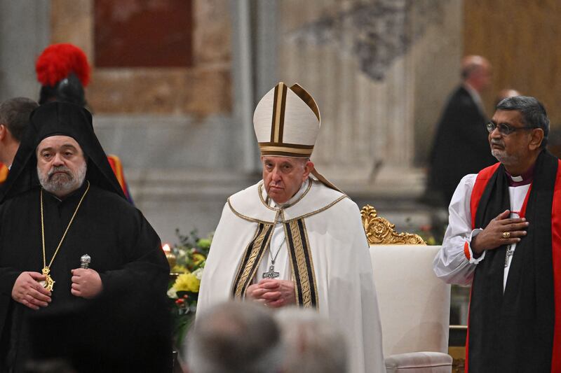 Pope Francis presides over a mass for the Solemnity of the Conversion of St Paul. Photograph: Filippo Monteforte/AFP/Getty Images
