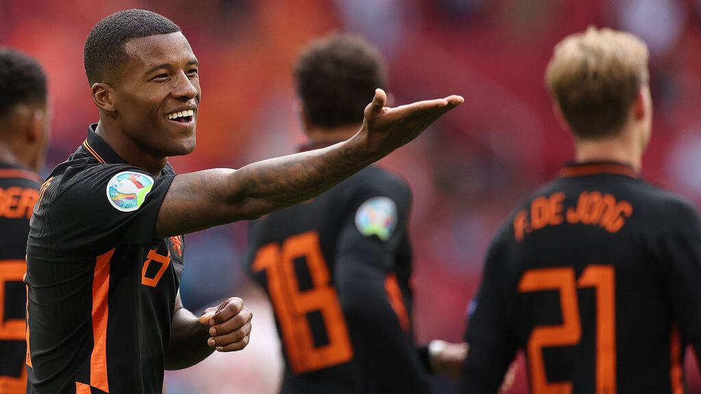 Netherland’s midfielder Georginio Wijnaldum celebrates scoring his team’s third goal during the Uefa Euro 2020 Group C against North Macedonia. Photo: Kenzo Tribouillard/AFP via Getty Images