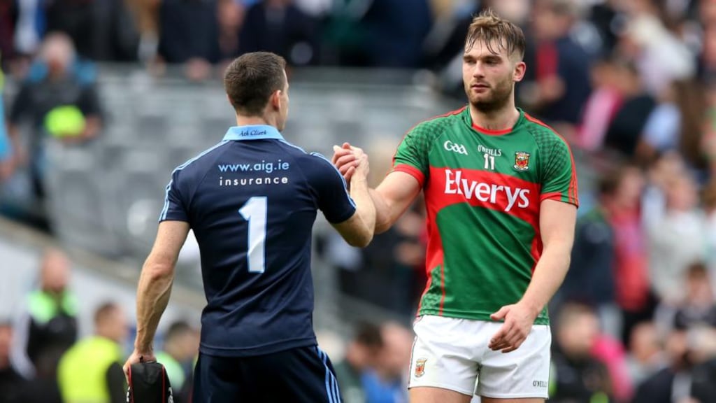 Aidan O’Shea shakes hands with Dublin goalkeeper Stephen Cluxton after the All-Ireland semi-final ends all square at Croke Park. Photograph: James Crombie/Inpho