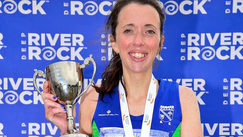 Fionnuala Ross celebrates her victory in the Belfas at City Marathon. Photograph: Arthur Allison/ Pacemaker Press