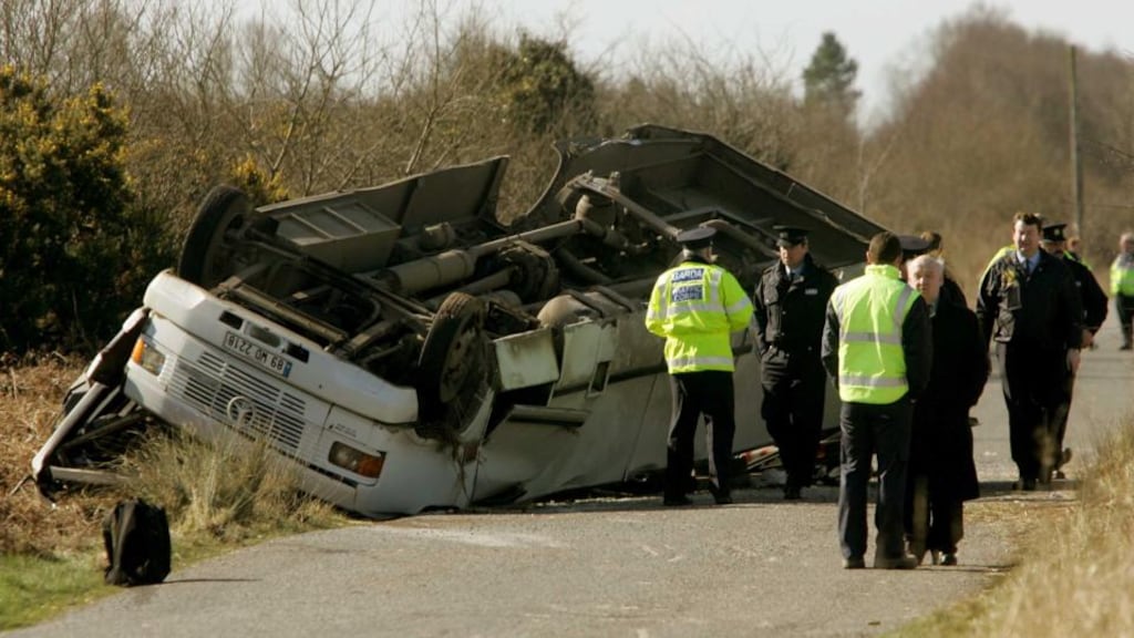 Garda and emergency services at the scene of the bus crash near Clara, Co Offaly, in April 2006. Photograph: David Sleator/The Irish Times