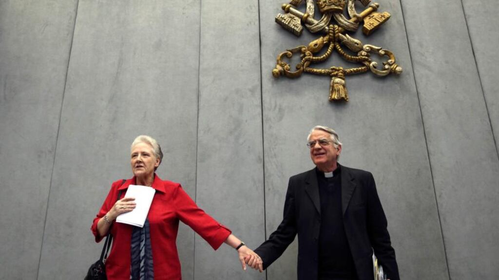 Marie Collins, member of the Pontifical Commission for the Protection of Minors, and Vatican spokesman Fr Federico Lombardi, leave at the end of the first briefing at the Holy See press office at the Vatican last month. Photograph: Alessandro Bianchi/Reuters