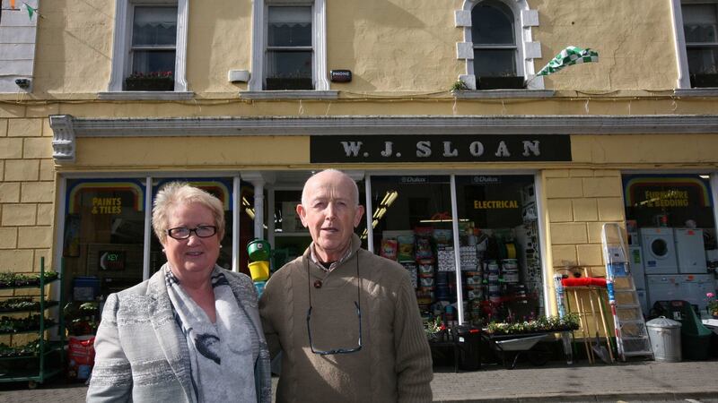 Tommy Cunningham and his wife Teresa outside their landmark hardware store in Boyle, part of which would form part of the Scattered Hotel plan. Photograph: Brian Farrell
