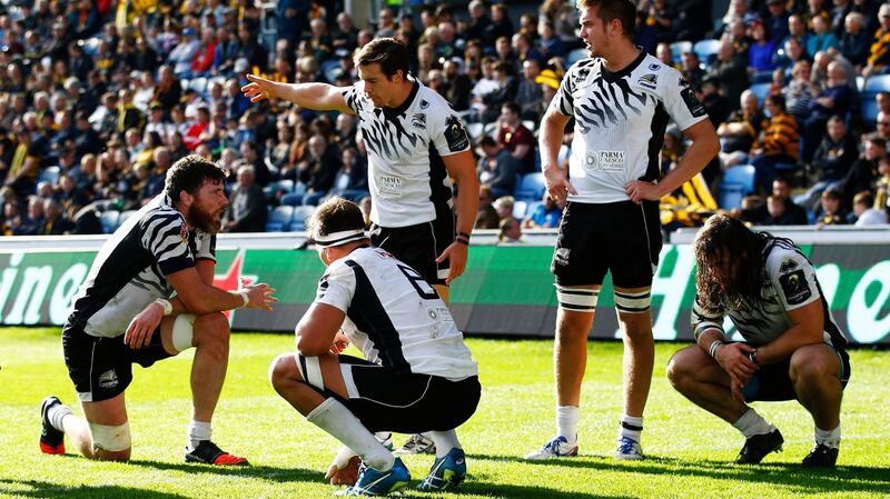 Zebre Rugby players looks dejected after Wasps score their 11th try during the European Rugby Champions Cup Pool Two at Ricoh Arena in Coventry. Photograph: Peter Cziborra/Action Images via Reuters/Livepic