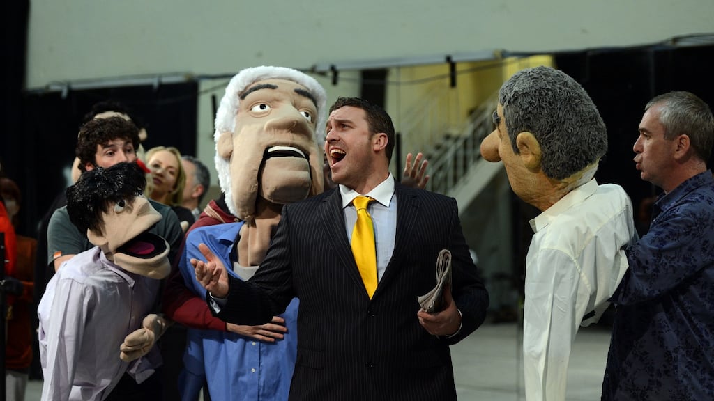 Members of the cast of Anglo The Musical during rehersals. Photograph: Alan Betson