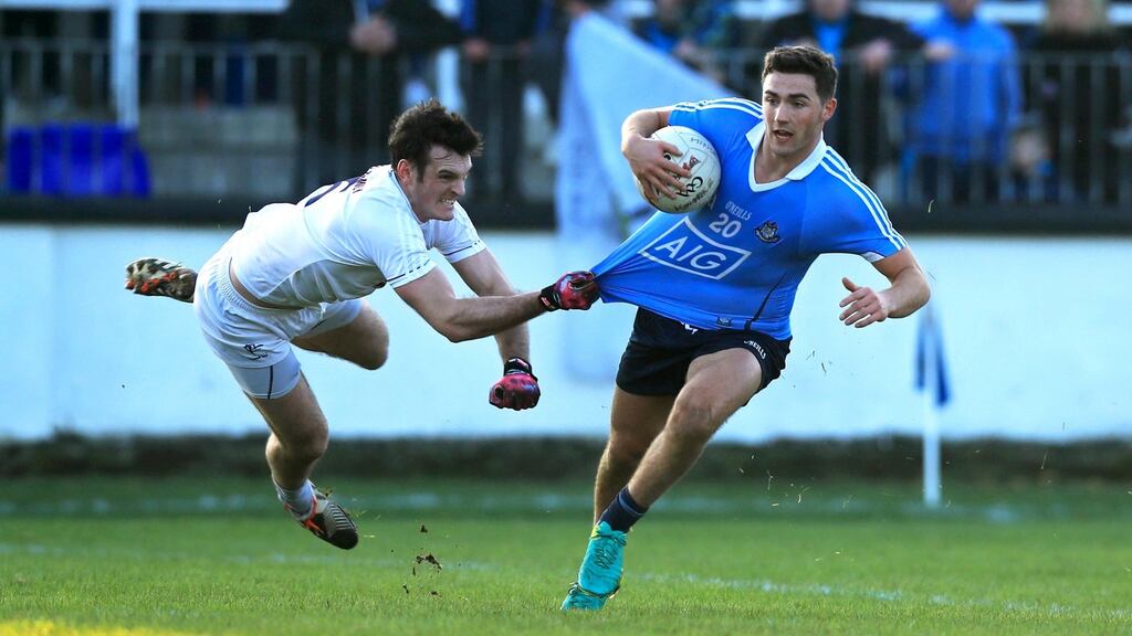 Dublin’s Colm Basquel with Eoin Doyle of Kildare during Saturday’s O’Byrne Cup encounter. Photograph: Donall Farmer/Inpho