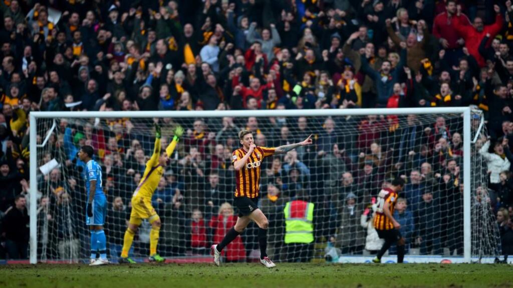 Jon Stead scored Bradford City’s second as they rocked Premier League Sunderland 2-0 at Valley Parade to reach the FA Cup quarter finals. (Photo by Laurence Griffiths/Getty Images)