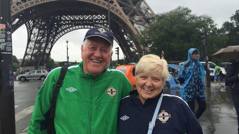 Warren and Alison Kirkpatrick, from Ballymoney, Co Antrim who have driven almost 3,000km to support Northern Ireland at the Euros. Photograph: Gerry Moriarty
