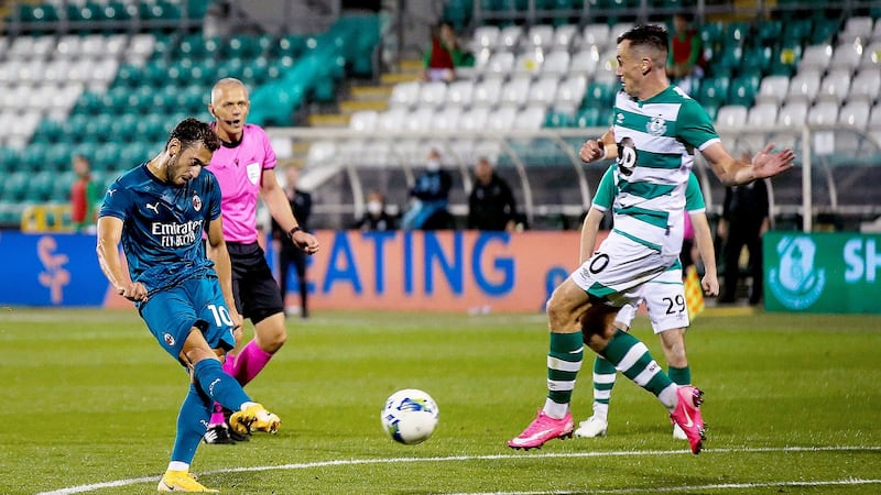 Hakan Calhanoglu scores Shamrock Rovers’ second goal in the Europa League second qualifying round game at Tallaght Stadium. Photograph: Tommy Dickson/Inpho