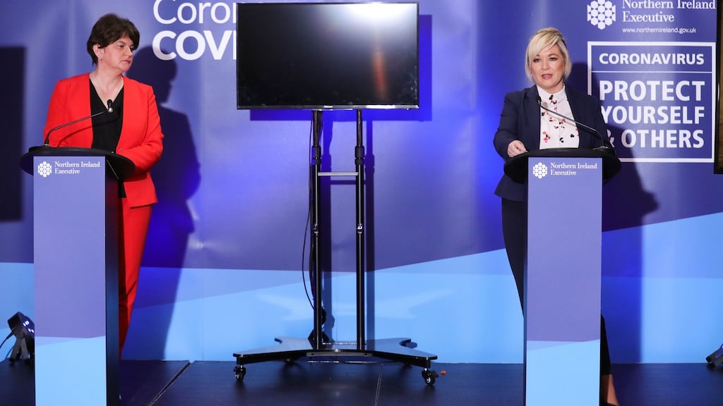 First Minister Arlene Foster and Deputy First Minister Michelle O’Neill during a coronavirus media briefing. Photograph: Kelvin Boyes/Press Eye/PA Wire