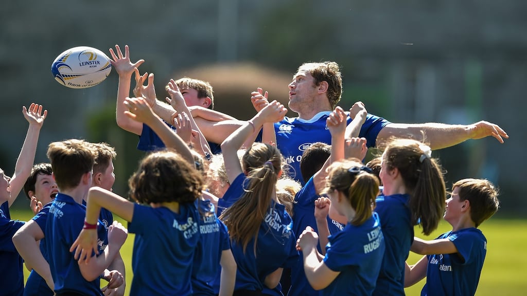 The Bank of Ireland Leinster Rugby Camps were launched by Leinster players Jamie Heaslip, Jack McGrath and Hayden Triggs at a pop up training session in St Mary’s National School, Ranelagh. Photo: Matt Browne/Sportsfile