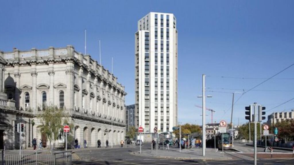 A computer-generated image of the 305ft residential tower Chartered Land intends to develop at Parkgate Street.