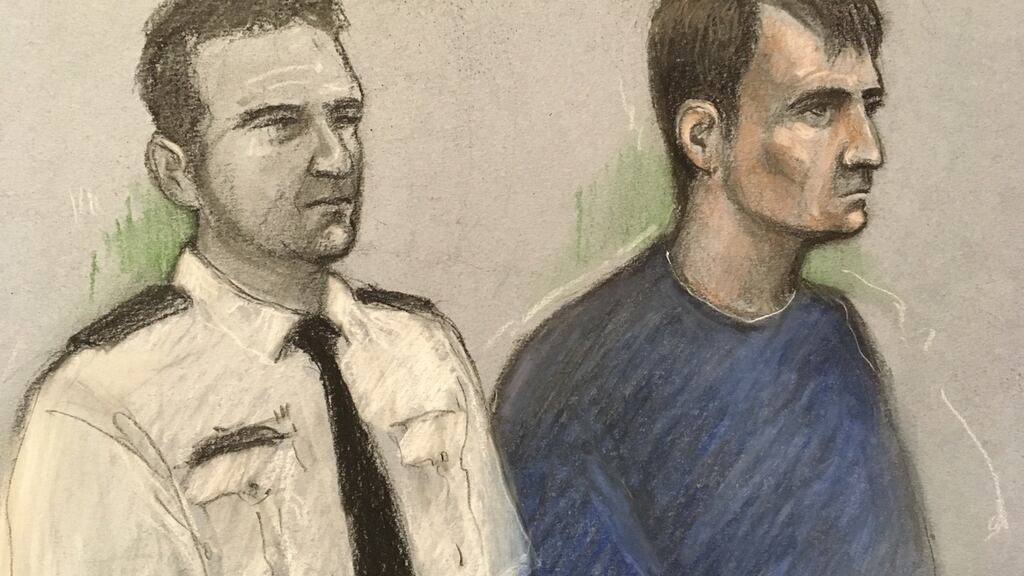 Court artist sketch of Christopher Kennedy, 23, from Darkley, Co Armagh, Northern Ireland, at the Old Bailey in London. Photograph: Elizabeth Cook/PA Wire