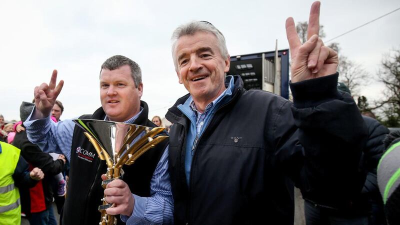 Gordon Elliott and Michael O’Leary celebrate Tiger Roll’s 2019 Aintree Grand National success. Photograph: Oisin Keniry/Inpho