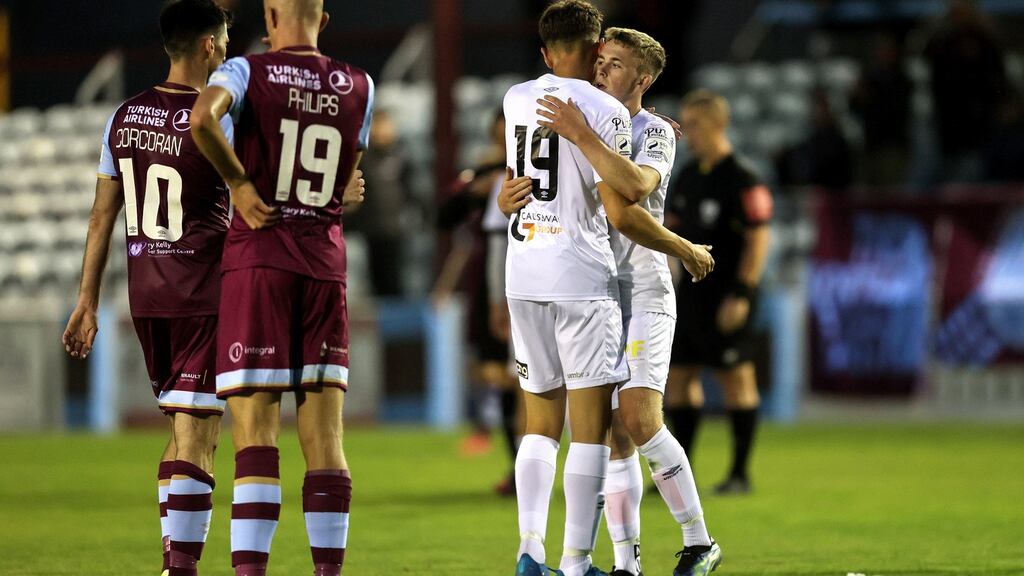 Waterford’s Jack Stafford celebrates after the game with Darragh Power. Photograph: Laszlo Geczo/Inpho