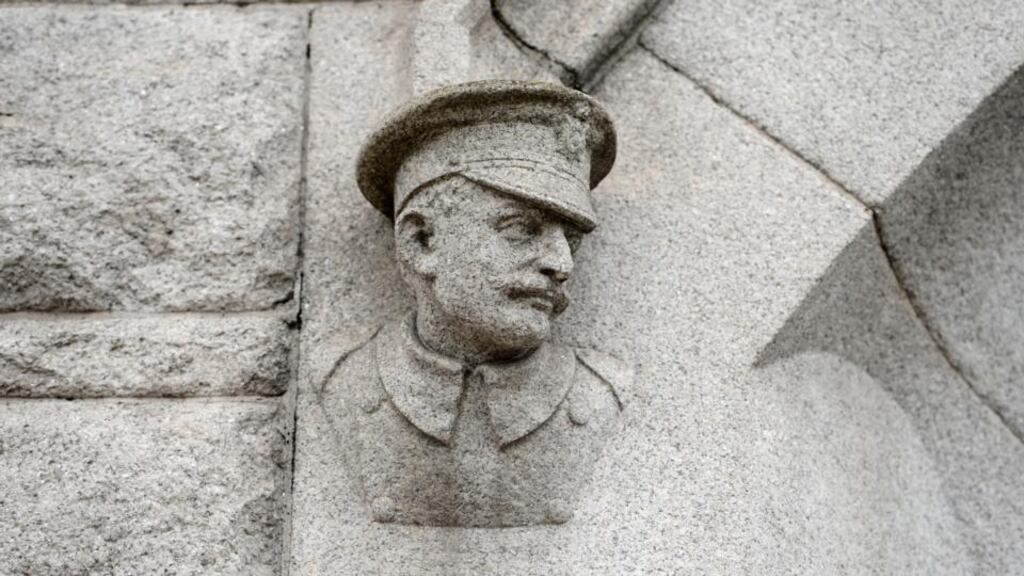 Carved stone head of a member of the Dublin Metropolitan Police at Pearse Street Garda station in Dublin. Photograph: Frank Miller