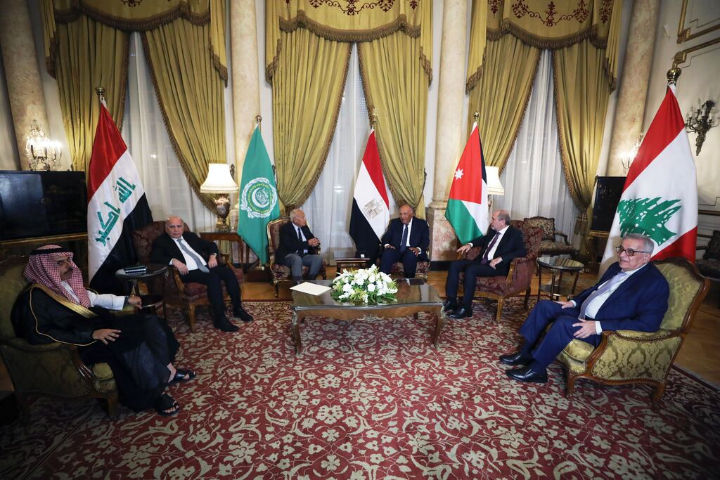 Saudi minister of foreign affairs Faisal bin Farhan, Iraqi foreign minister Fuad Hussein, secretary general of the Arab League Ahmed Abol Gheit, Egyptian foreign minister Sameh Shoukry, Jordanian foreign minister Ayman Safadi and Lebanese foreign minister Abdullah Bou Habib during a meeting of the Arab Ministerial Liaison Committee on Syria in Cairo this week.  Photograph: Khaled Elfiqi/EPA