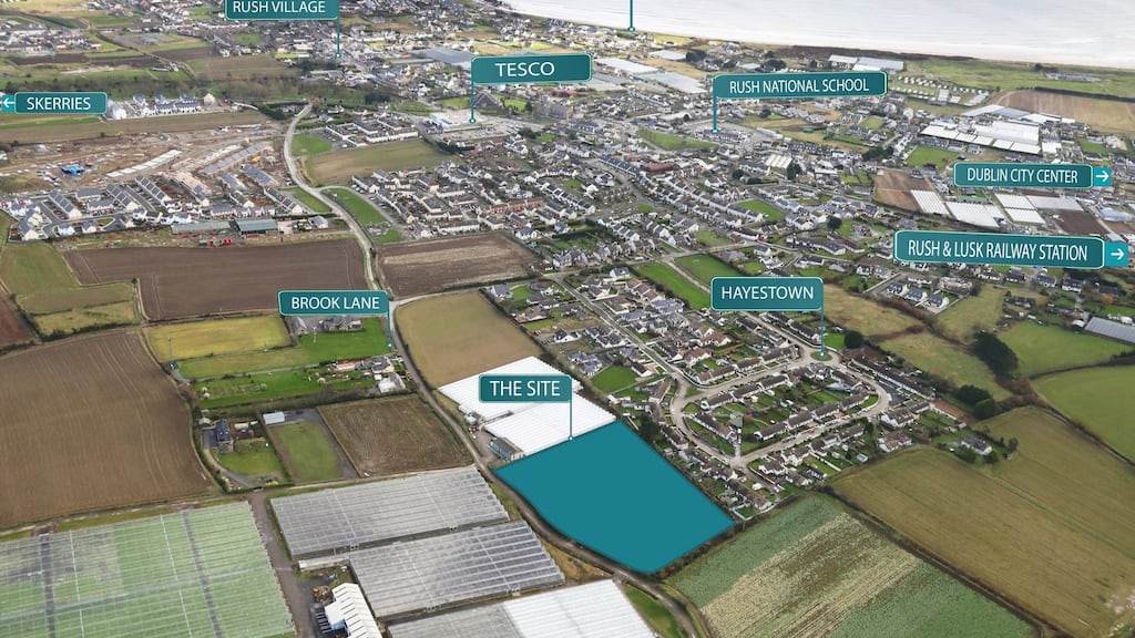 An aerial view shows the site’s location next to the existing residential estates of Hayestown and Rush