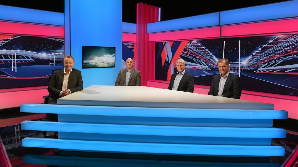 Matt Cooper, left, with panelists, from left, Keith Wood, Matt Williams and Hugo MacNeill on TV3’s Rugby World Cup set in Ballymount, Dublin. Photograph: Stephen McCarthy / SPORTSFILE