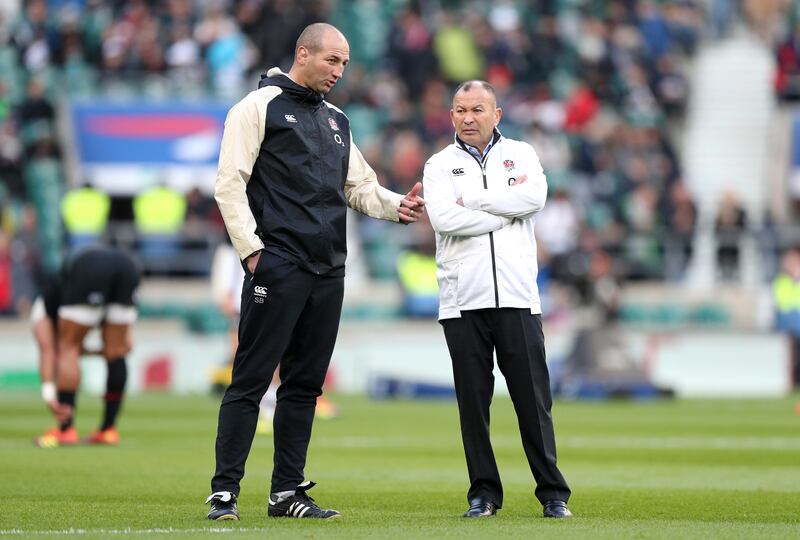 Former England head coach Eddie Jones with his successor Steve Borthwick. Photograph: PA