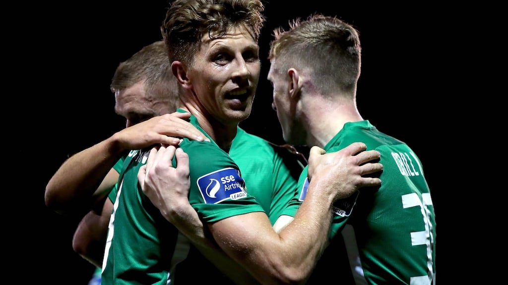 Bray’s John Sullivan celebrates scoring a late goal in their Airtricity League win over Derry City. Photo: Ryan Byrne/Inpho