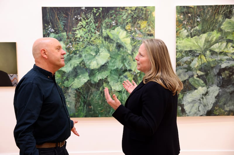 Donald Teskey in conversation with RCSI president Prof Deborah McNamara at the RHA gallery on Ely Place, Dublin. Photograph: Dara Mac Dónaill/The Irish Times