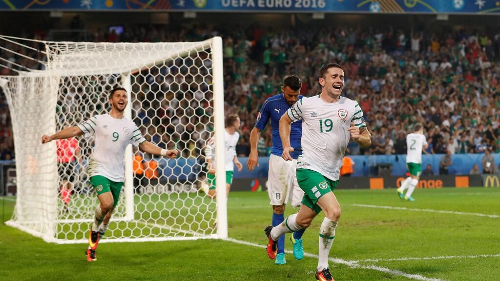 Robbie Brady celebrates after scoring the winner in Lille. Photo: Carl Recine/Reuters