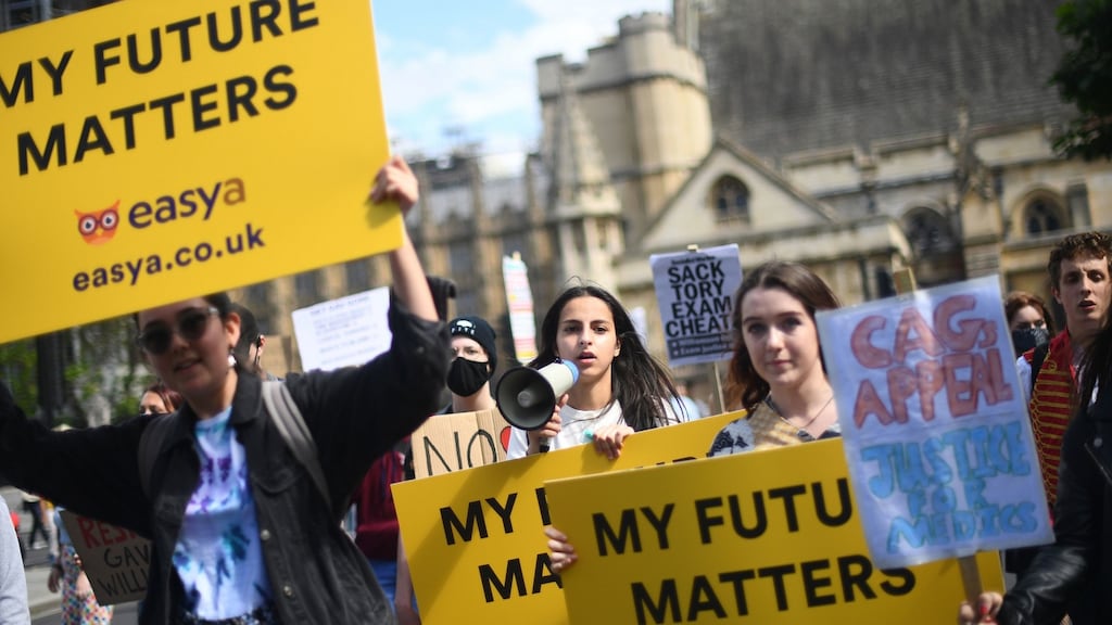 A-Level students take to the streets in London, calling for the resignation of the education secretary over the government’s handling of exam results. Photograph: Victoria Jones/PA Wire