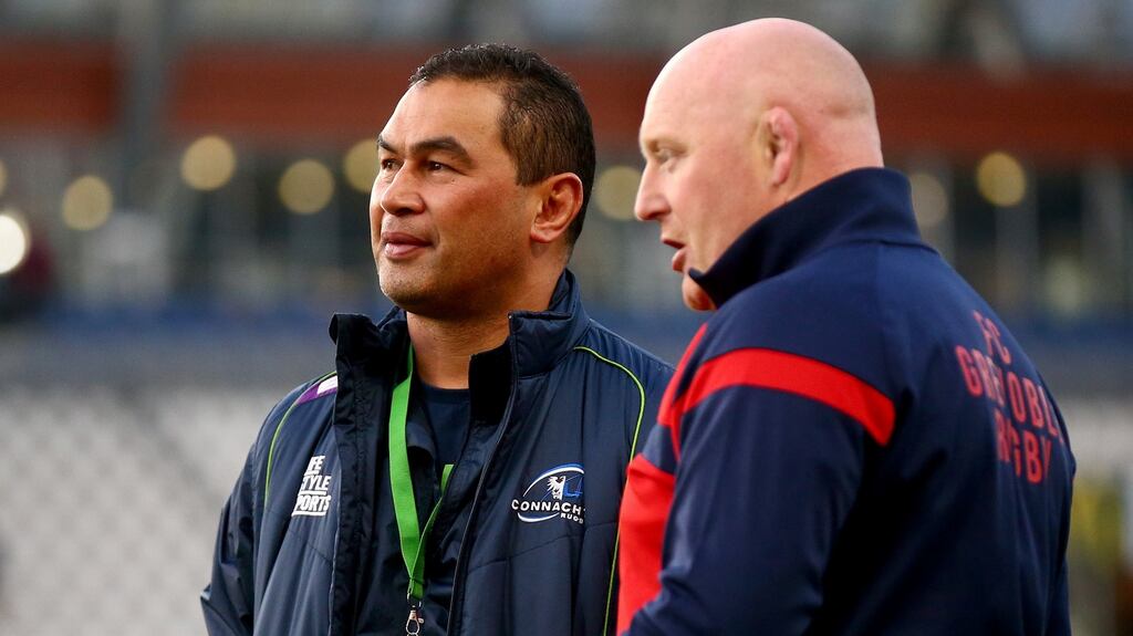 Connacht head coach Pat Lam speaks to his Grenoble counterpart Bernard Jackman. Photograph: James Crombie/Inpho