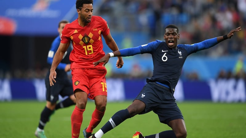 Mousa Dembele fouls Paul Pogba during his side’s World Cup semi-final defeat. Photograph: Laurence Griffiths/Getty