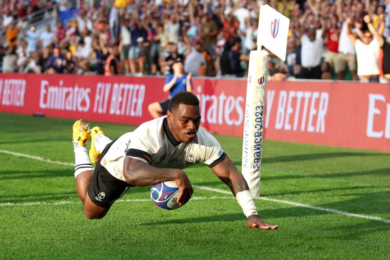 Josua Tuisova goes over to score Fiji's try during the Rugby World Cup match against Australia at Stade Geoffroy-Guichard in Saint-Etienne. Photograph: Catherine Ivill/Getty Images
