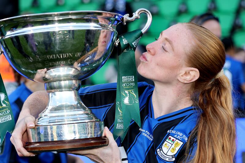 Athlone Town's Kelly Brady celebrates after her side's FAI Cup final win over Bohemians on Sunday. Photograph: Bryan Keane/Inpho