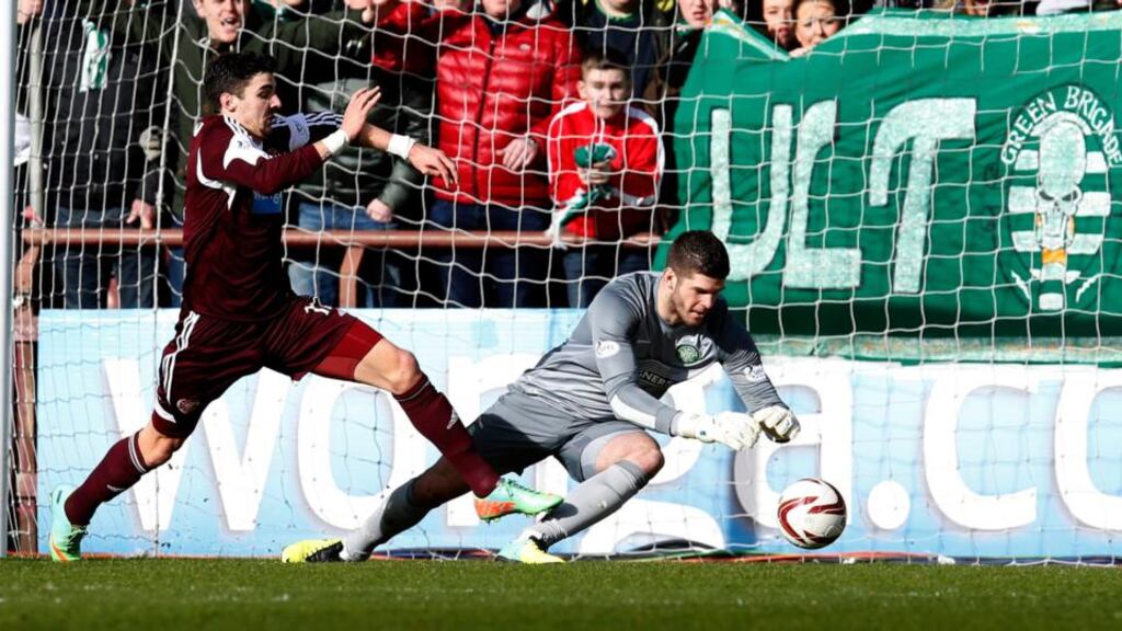 Celtic’s Fraser Forster  saves from Hearts’ Callum Paterson during their Scottish Premier League  match at Tynecastle Stadium in Edinburgh. Photograph:  Russell Cheyne/Reuters