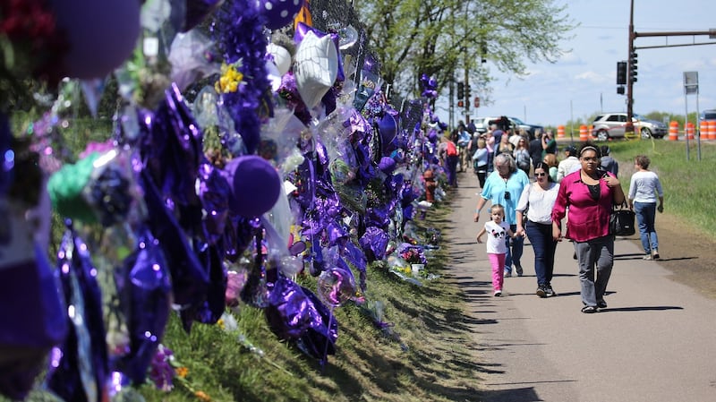 Tributes and memorials dedicated to Prince on the fence that surrounds Paisley Park on May 2nd, 2016 in Chaska, Minnesota. Prince died on April 21st, 2016 at his Paisley Park compound at the age of 57. A will has not been found. Photograph: Adam Bettcher/Getty Images