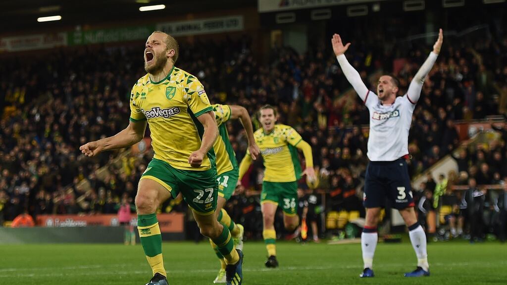 Norwich City’s Teemu Pukki celebrates scoring his side’s third goal of the game during the Championship win over Bolton. Photo: Daniel Hambury/PA Wire