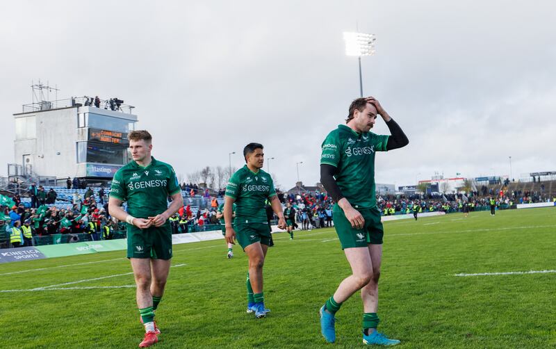 Connacht’s Finn Treacy, Josh Ioane and Mack Hansen after the URC game against Munster at Castlebar in March. Photograph: James Crombie/Inpho