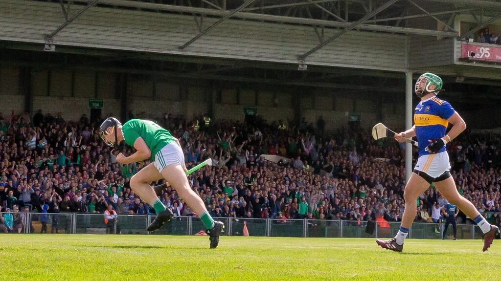 Kyle Hayes celebrates scoring a goal against Tipperary during the Munster final at the Gaelic Grounds. Photograph: Morgan Treacy/Inpho