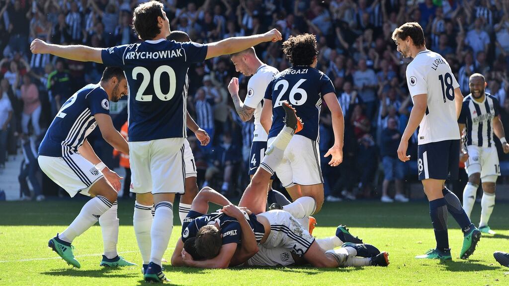 West Bromwich Albion’s Jake Livermore celebrates his late winner at The Hawthorns. Photograph: PA