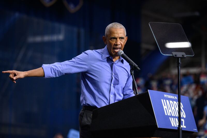 Former US president Barack Obama speaks at a campaign event for Democratic presidential nominee Kamala Harris, at the University of Pittsburgh's Fitzgerald Field House in Pittsburgh, Pennsylvania. Photograph: Justin Merriman/EPA