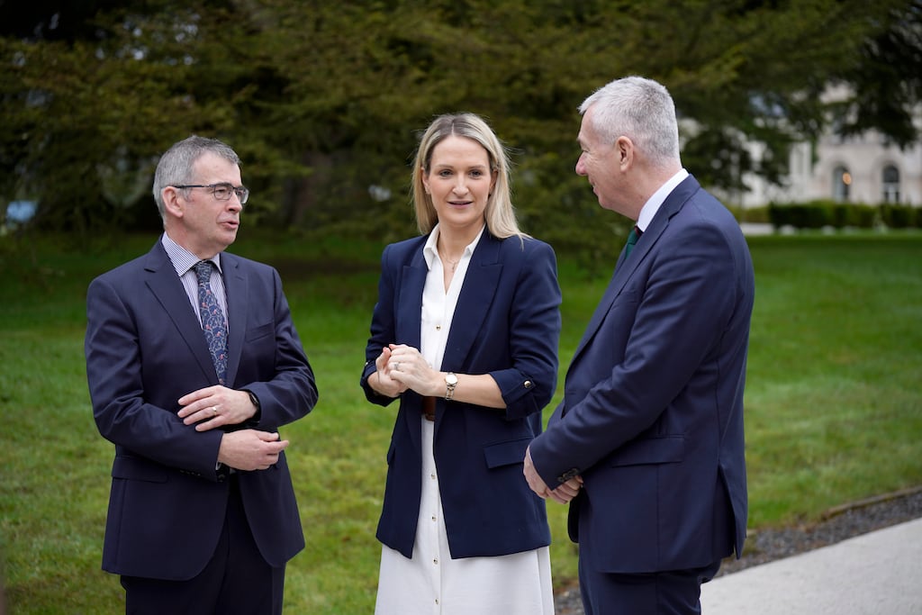 Garda Commissioner Drew Harris, Minister for Justice Helen McEntee, and PSNI chief constable Jon Boutcher. Photograph: Niall Carson/PA