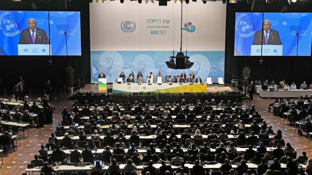 Fiji’s prime minister speaks at the opening of the COP 23 Fiji UN Climate Change Conference in Bonn on Monday. Photograph: Martin Meissner/AP